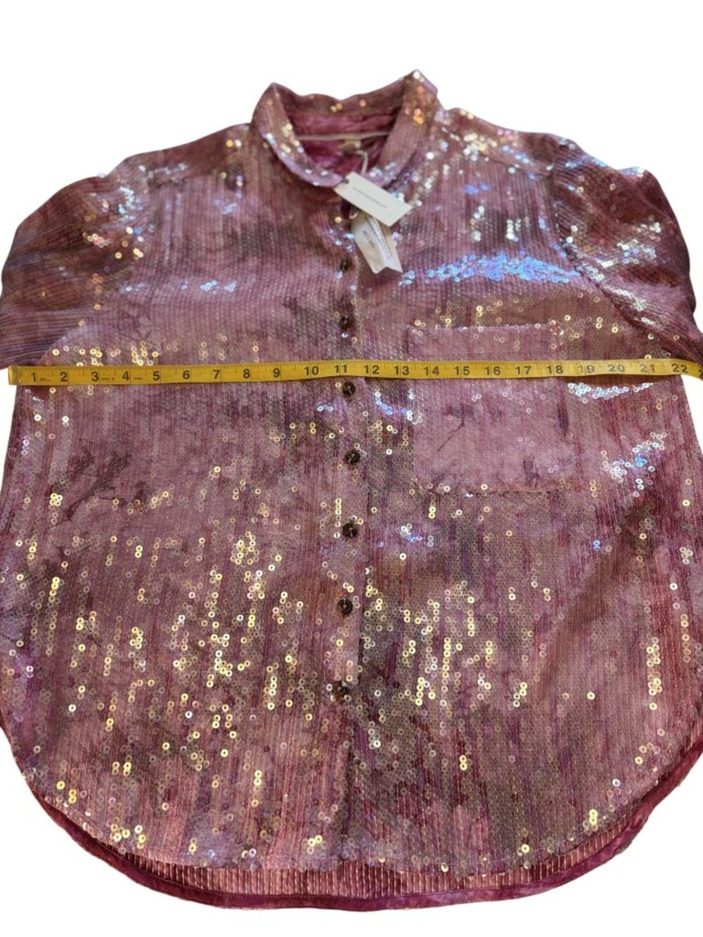 Anthropologie Pilcro Pink Sequin Button-Up Blouse Top Long Sleeves Size Large - Picture 9 of 16